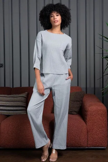 Yarım Kol Cepli Bilek Boy Kadın Pijama Takımı Somon Vienetta 409247