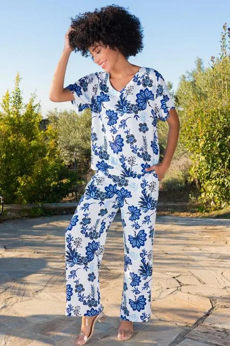 Çiçek Desenli Rahat Kesim Cepli Kısa Kollu Kadın Pijama Takım Vienetta 410006