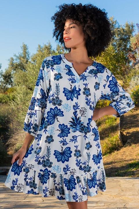 Vienetta Geniş Kesim Çiçek Desenli Kısa Elbise Beyaz Vienetta 410008