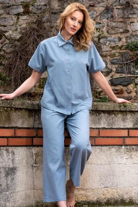 Önden Düğmeli Gömlek Yaka Mavi Kadın Pijama Takımı Vienetta 412010