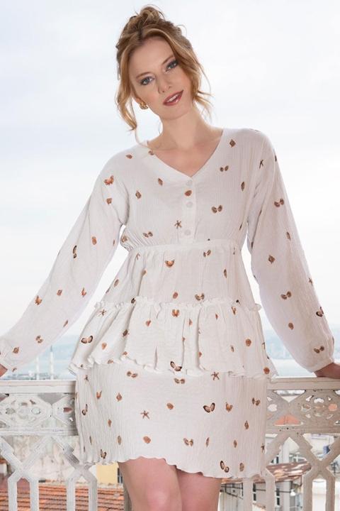 Beyaz Balon Kol Kelebek Desenli Kısa Kadın Elbise Vienetta 412029 - Beyaz