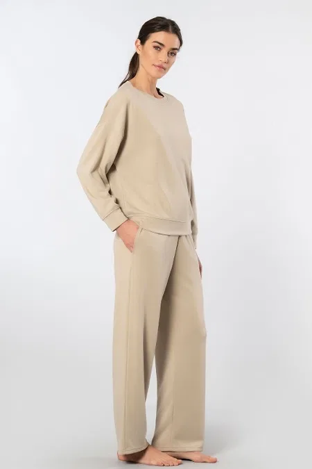 Viskon, Polyester, Elastan Boru Paçalı Kadın Eşofman Takımı Türen 3610 - Bej