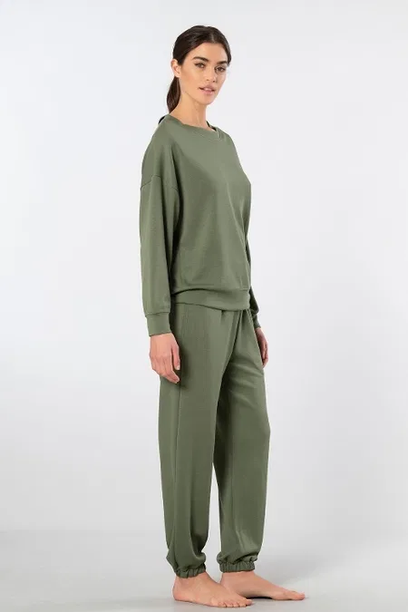 Viskon Polyester Elastan Uzun Kollu Jogger Kadın Eşofman Takımı Türen 3611 - Yeşil