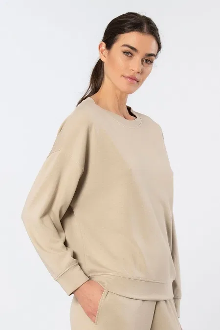 Viskon, Polyester, Elastan Uzun Kollu Bisiklet Yaka Sweatshirt Türen 3613 - Bej