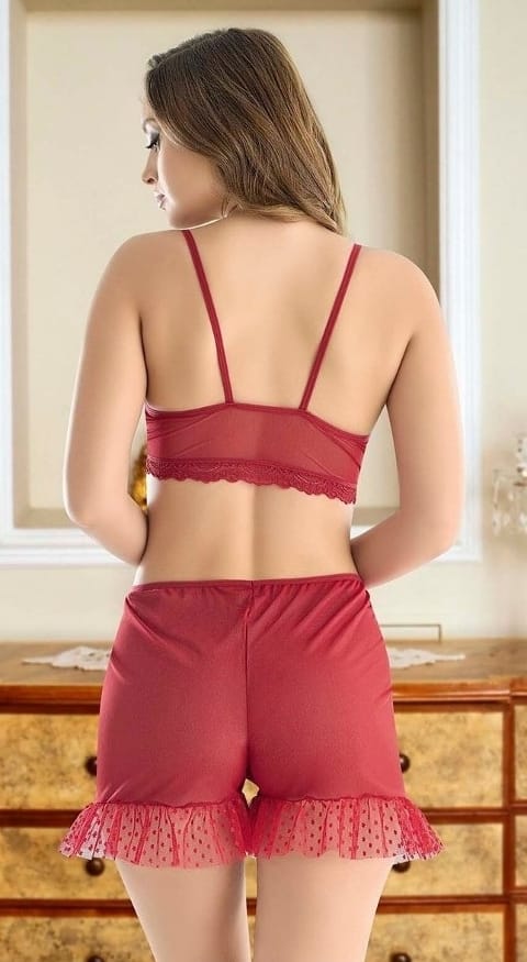 Bordo Tül Detaylı Şortlu Takım Nathalie 4014 - 2