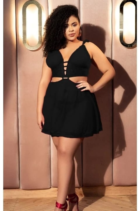 Somon Renkli Şeffaf Dantel Body Kadın Büyük Beden SHE 2022 - Siyah