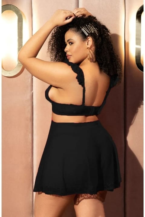 Somon Renkli Şeffaf Dantel Body Kadın Büyük Beden SHE 2022 - Siyah