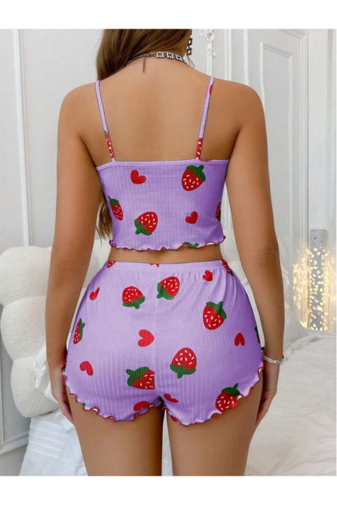 Çilek ve Kalp Desenli Lila Şort Takım Ruselin 5061 - 2
