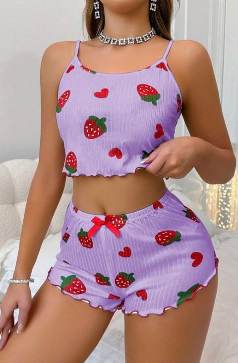 Çilek ve Kalp Desenli Lila Şort Takım Ruselin 5061