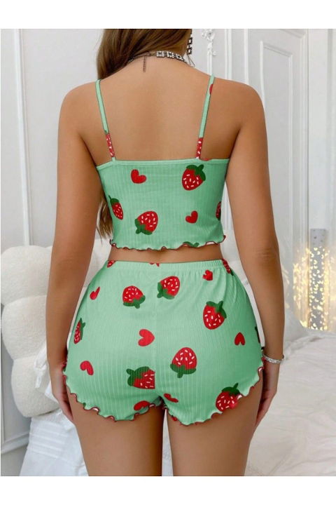 Çilek Ve Kalp Desenli Yeşil Şort Takım Ruselin 5060 - 2