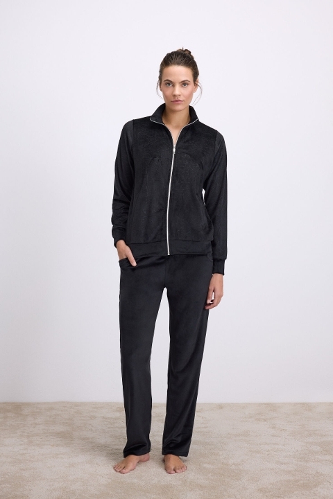 Kadın Fermuarlı Uzun Kollu Kadife Eşofman Takımı Anıl 11548 - Siyah