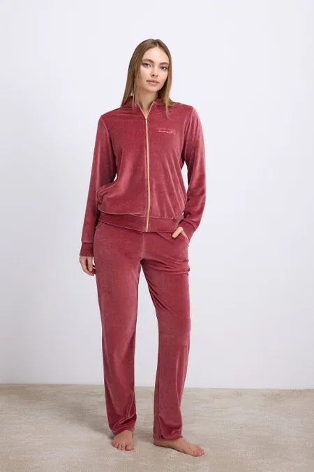 Kadın Kadife Dokulu Fermuarlı Uzun Kollu Sweatshirt ve Pantolon Takım Anıl 11560 - Gül Kurusu