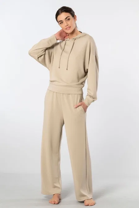 Viskon Polyester Elastan Kapüşonlu Eşofman Takımı Türen 3608 - Bej