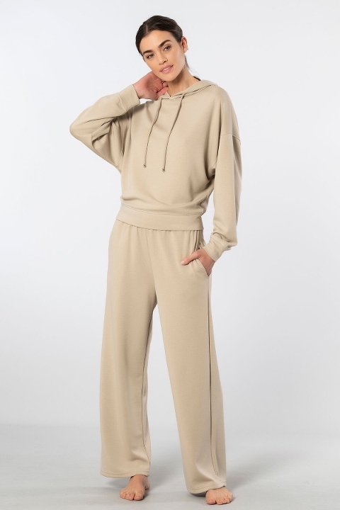 Viskon Polyester Elastan Kapüşonlu Eşofman Takımı Türen 3608 - Bej
