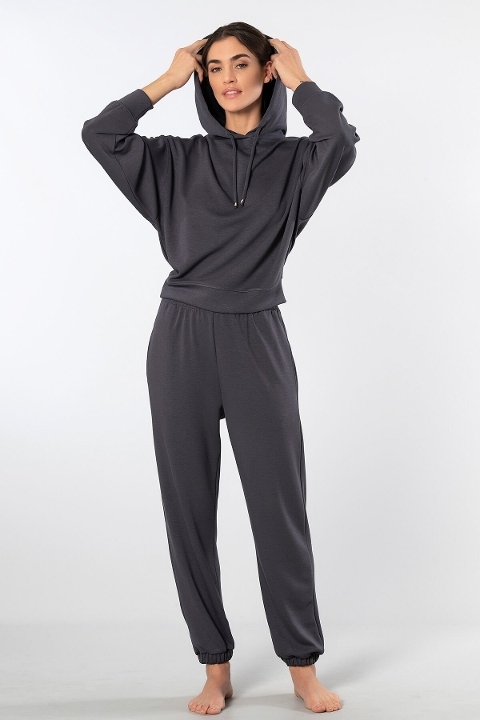 Kapüşonlu Viskon Elastan Jogger Eşofman Takımı Türen 3609 - Antrasit