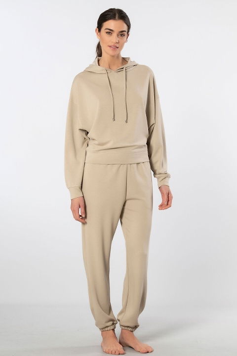 Viskon Elastan Bej Cepli Kapüşonlu Jogger Kadın Eşofman Takımı Türen 3609