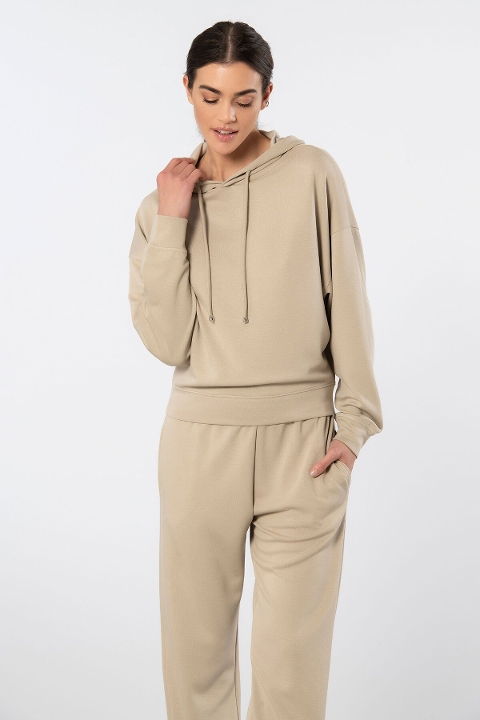 Viskon Elastan Bej Cepli Kapüşonlu Jogger Kadın Eşofman Takımı Türen 3609 - 2