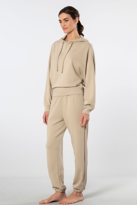 Viskon Elastan Bej Cepli Kapüşonlu Jogger Kadın Eşofman Takımı Türen 3609 - Bej