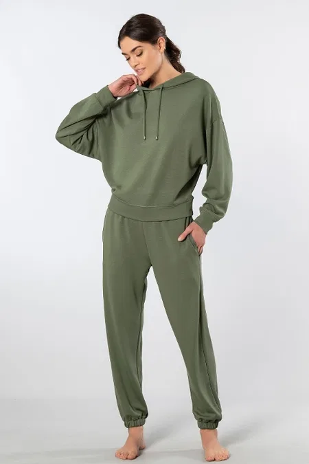 Kapüşonlu Cepli Kadın Jogger Eşofman Takımı Viskon Polyester Türen 3609 - Yeşil