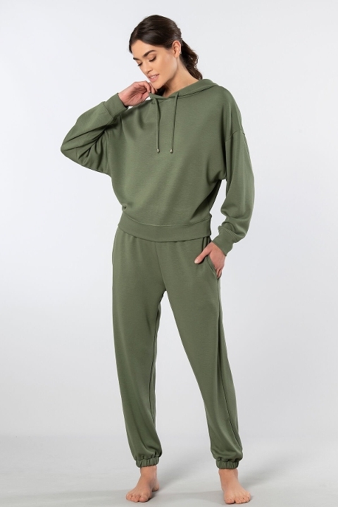 Kapüşonlu Cepli Kadın Jogger Eşofman Takımı Viskon Polyester Türen 3609 - Yeşil