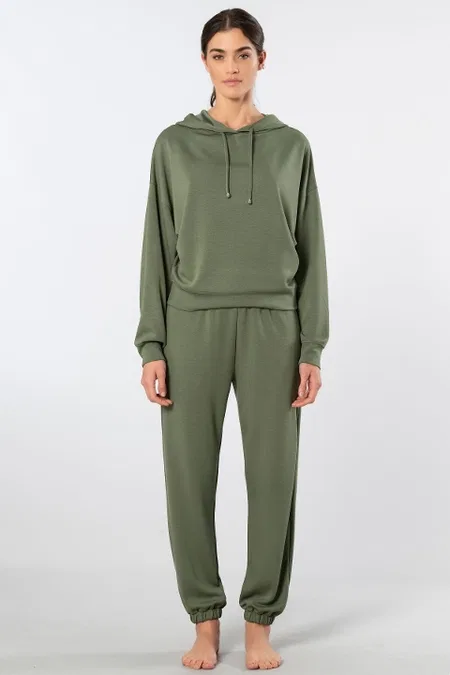 Kapüşonlu Cepli Kadın Jogger Eşofman Takımı Viskon Polyester Türen 3609 - Yeşil