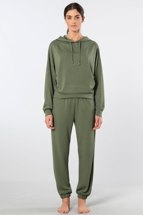 Kapüşonlu Cepli Kadın Jogger Eşofman Takımı Viskon Polyester Türen 3609 - Yeşil