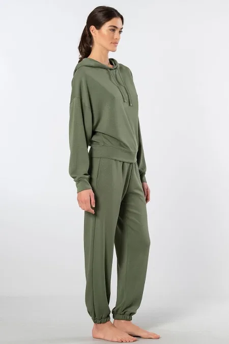 Kapüşonlu Cepli Kadın Jogger Eşofman Takımı Viskon Polyester Türen 3609 - Yeşil