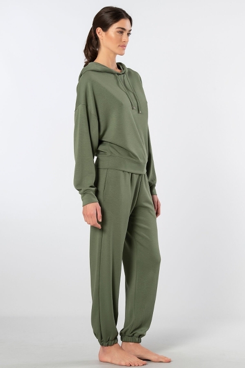 Kapüşonlu Cepli Kadın Jogger Eşofman Takımı Viskon Polyester Türen 3609 - Yeşil