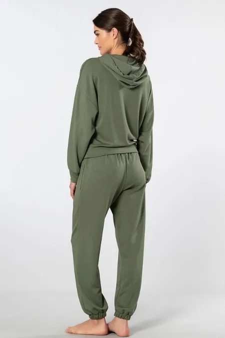 Kapüşonlu Cepli Kadın Jogger Eşofman Takımı Viskon Polyester Türen 3609 - Yeşil