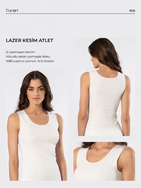 Kadın Lazer Kesim Pamuklu Atlet Türen 906 - Ekru