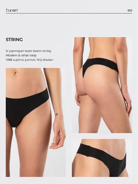 Yüksek Bel Lazer Kesim Pamuklu String Kadın Külot Türen 912 - Siyah