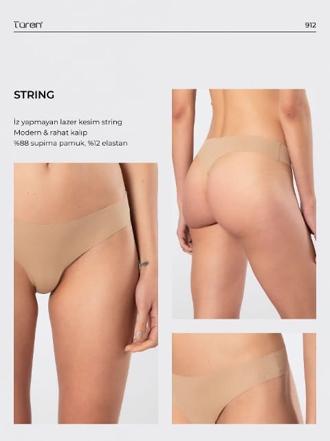 Yüksek Bel Lazer Kesim Pamuklu String Kadın Külot Türen 912 - Vizon