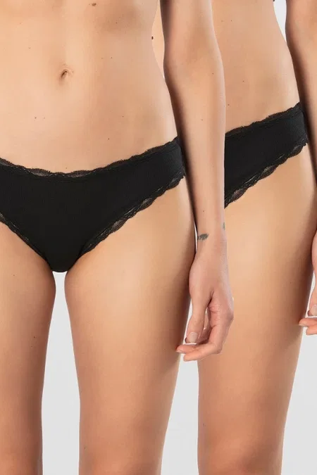 Dantelli Likralı Yüksek Bel Bikini Külot 2li Türen 928 - Siyah