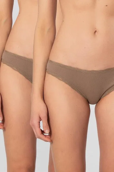 Yüksek Bel Pamuklu Ribana Dantelli Bikini Külot Türen 928 - Vizon