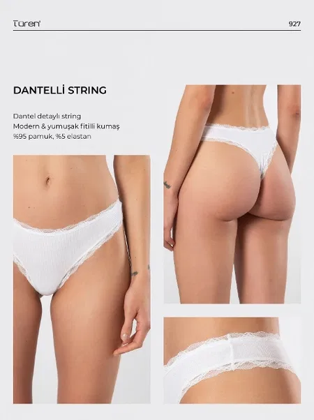 Likralı Ribana Dantelli Yüksek Bel Kadın String Türen 927 - Beyaz