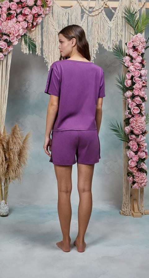 Kadın Mor Pamuklu Şort T-Shirt Pijama Takımı Doreanse 25Y4073 - Mor