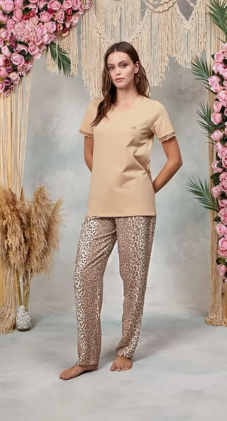 Kadın Pudra Leopar Desenli Dantel Detaylı Pijama Takımı Doreanse 25Y4062 - Pudra