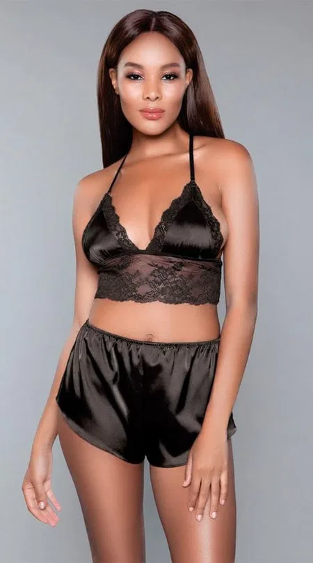 Saten Dantelli Bralet Sütyen Şort Takımı Loomerie 571 - Siyah