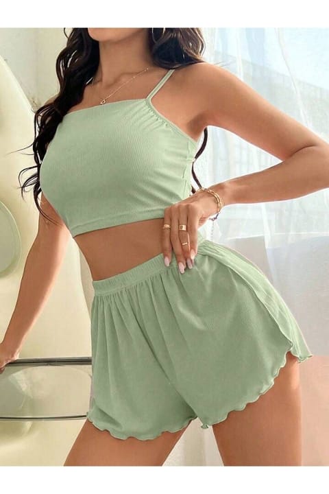 Yeşil Mini Şortlu Pijama Takımı Penye Ruselin 5024 - Yeşil