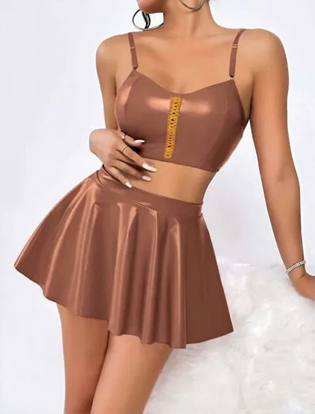 Real Passione Dantel Detaylı Jartiyer Takımı Kahve Parlak Lame Real Passione 21091
