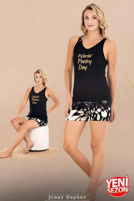 Desenli Kalın Askılı Şortlu Pijama Takımı Lady 7727