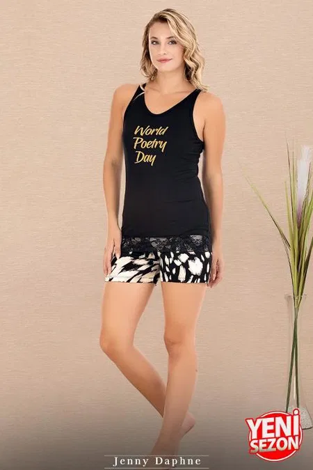 Desenli Kalın Askılı Şortlu Pijama Takımı Lady 7727 - Siyah