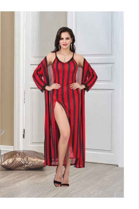 Kalın Çizgili Uzun Sabahlık Gecelik Takımı İzabel 6007 - 2