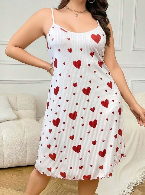 Kalp Desenli Beyaz Askılı Uzun Kadın Gecelik Lily Bianca 13042