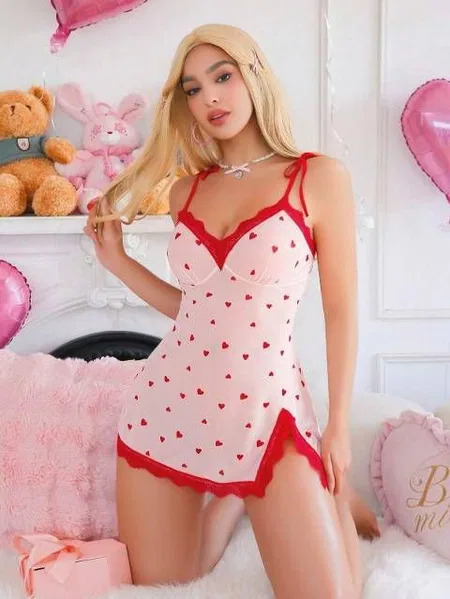 Kalp Desenli Pamuklu Askılı Gecelik Ruselin 5071