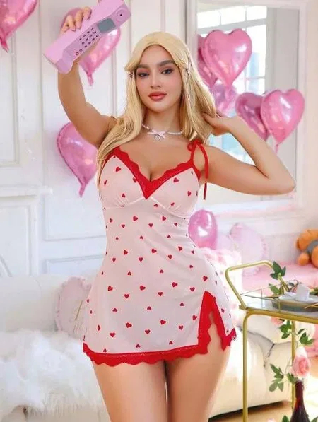 Kalp Desenli Pamuklu Askılı Gecelik Ruselin 5071 - 2