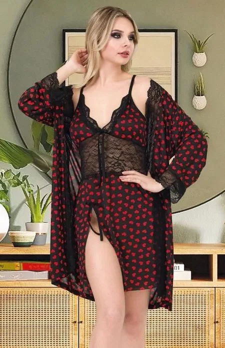 Kalp Desenli Dantelli Kısa Gecelik Takımı Somon İzabel 7008 - 2