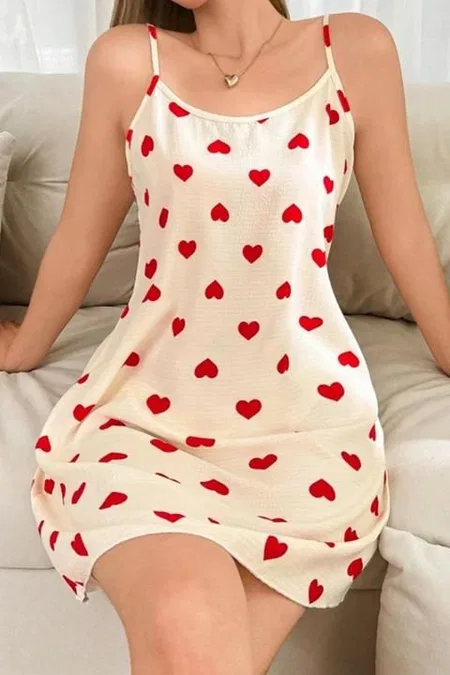 Kalp Desenli Kısa İnce Askılı Gecelik Kırmızı Ruselin 5104 - 2