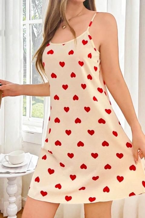 Kalp Desenli Kısa İnce Askılı Gecelik Kırmızı Ruselin 5104 - Krem