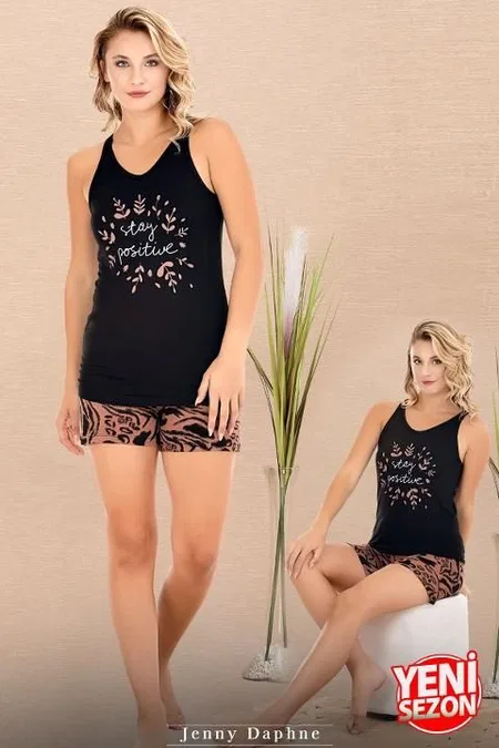 Desenli Viskon Kumaş Sıfır Kollu Şortlu Pijama Takımı Lady 7734 - Lacivert